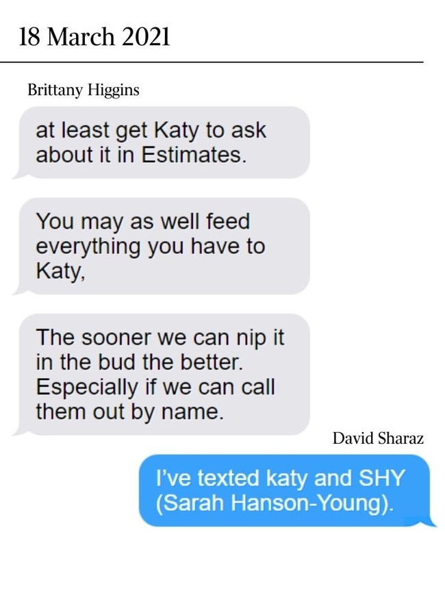 Text messages between David Sharaz and Brittany Higgins about Katy Gallagher which have been described to The Australian.