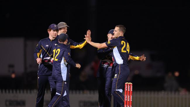 Hugh Weibgen (left) in action with the likes of Jack Wildermuth (No. 24) during the T20 Max competition. Photo: Queensland Premier Cricket.