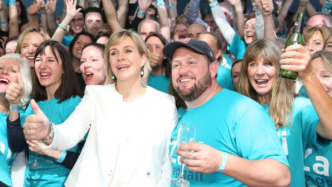 Zali Steggall pictured with her volunteers and staff at her after election party, Zali Steggall won the seat of Warringah in the 2019 Election, Novetel, Manly, Sydney, 18th May 2019. Picture by Damian Shaw