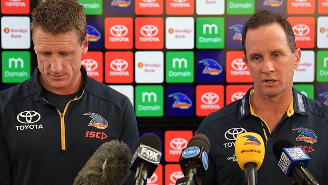 Crows football boss Brett Burton, left, has left more questions than answers in his search to clear away the Collective Mind controversy in a media conference with Adelaide coach Don Pyke at the Adelaide Football Club on Saturday. Picture: Daniel Kalisz (Getty Images)