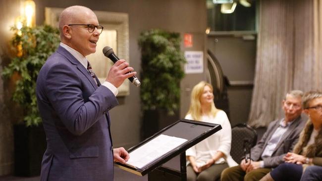 Dean Harris speaking at his election campaign launch.