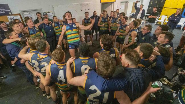 VAFA Premier Men's Grand Final - St Kevin's Old Brighton played at Trevor Barker Oval. St Kevins OB players celebrate their victory. Picture: Valeriu Campan