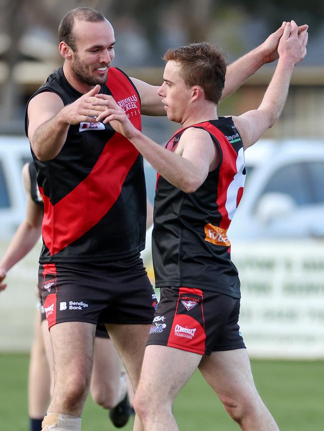 RDFL: Tommy Alkemade celebrates his goal with Josh Grabham. Picture: George Sal