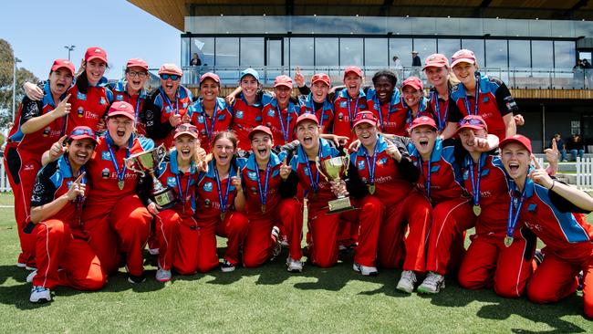 Southern District players celebrating after winning the first and second grand T20 titles in 2019.