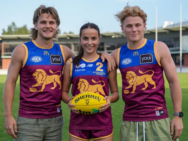 Will, Lucy and Levi will Ashcroft in Brisbane colours. Picture: Brisbane Lions