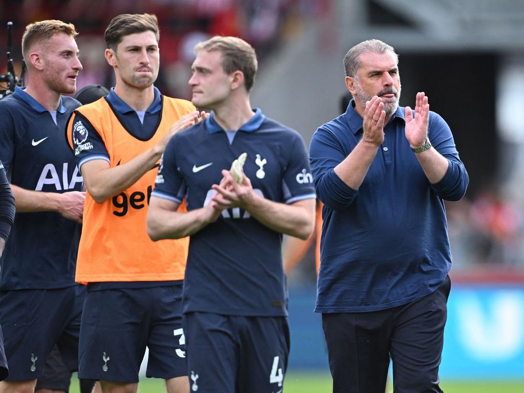 Ange Postecoglou (right) thanks Tottenham fans after the 2-2 draw with Brentford. Picture: Justin Tallis / AFP