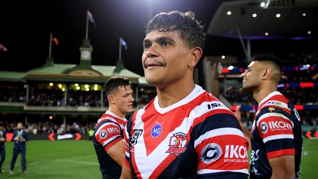 Latrell Mitchell celebrates following his team's win over the Storm in the NRL Preliminary Final match between the Sydney Roosters and Melbourne Storm at the SCG in Sydney, Saturday, September 28, 2019. (AAP Image/Dan Himbrechts)