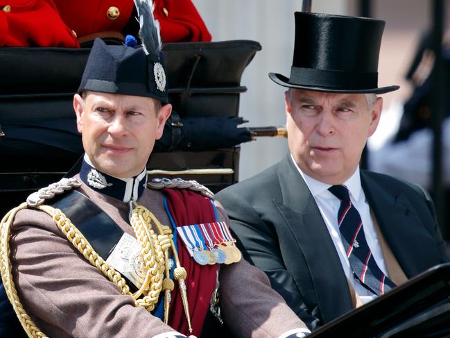 Prince Edward, Earl of Wessex and Prince Andrew, Duke of York travel down The Mall in a horse drawn carriage during the annual Trooping the Colour Parade in 2017. Picture: Max Mumby/Indigo/Getty Images