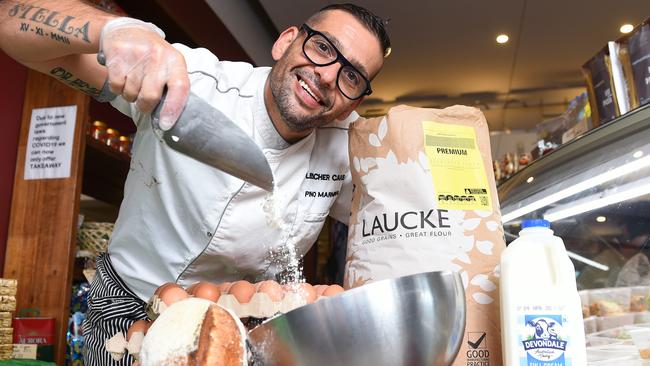 Fleishers Cakes owner Pino Marmina is selling discount basics such as eggs, flour and sugar to elderly customers during the COVID-19 shutdown. Picture: Josie Hayden