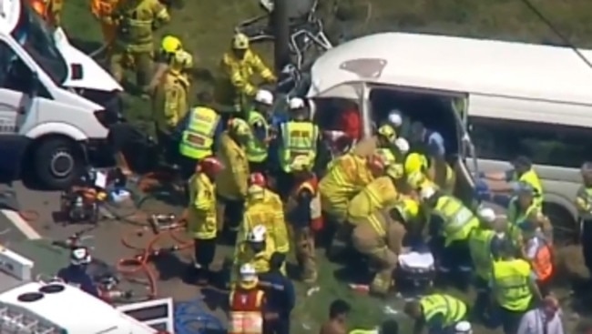 Horror scene ... Mamre Rd at Kemps Creek shortly after the crash. Picture: Seven News