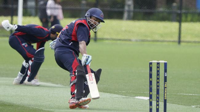 Gamini Kumara batting for Kooweerup. He has dominated the Warragul competition in recent years. Picture: Valeriu Campan