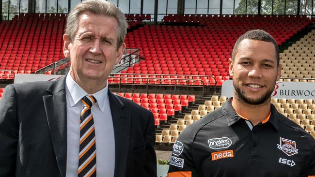 Barry O’Farrell with Moses Mbye at Loftus Street, during his stint as the club’s Chair in 2019. Picture: Monique Harmer.