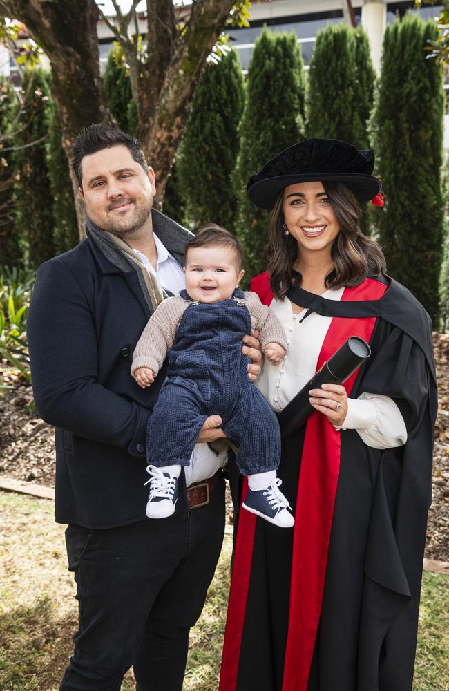 Doctor of Philosophy (Psychology) graduate Rebecca Lane with Matt Deloraine and son Arthur Deloraine at a UniSQ graduation ceremony at The Empire, Tuesday, June 25, 2024. Picture: Kevin Farmer