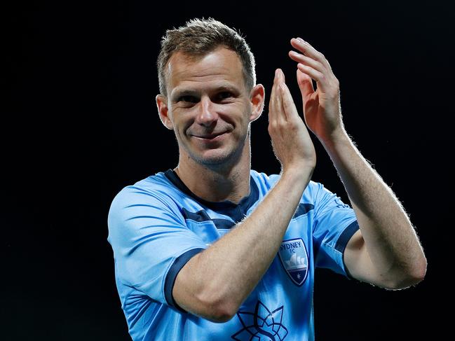 Alex Wilkinson of Sydney FC claps the fans after the Round 7 A-League match between Perth Glory and Sydney FC at HBF Park in Perth, Saturday, November 23, 2019. (AAP Image/Gary Day) NO ARCHIVING, EDITORIAL USE ONLY