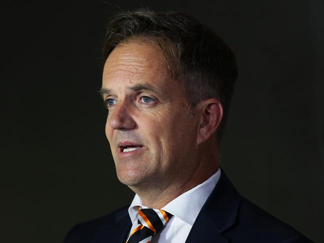 Wests Tigers CEO Justin Pascoe and new coach Michael Maguire speak during a press conference at Concord Oval, Sydney. Picture: Brett Costello