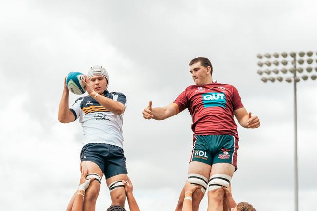 Jack Calleja contests the lineout. Action from the round two game between the Reds and Brumbies. Picture courtesy of ACT Brumbies Media.