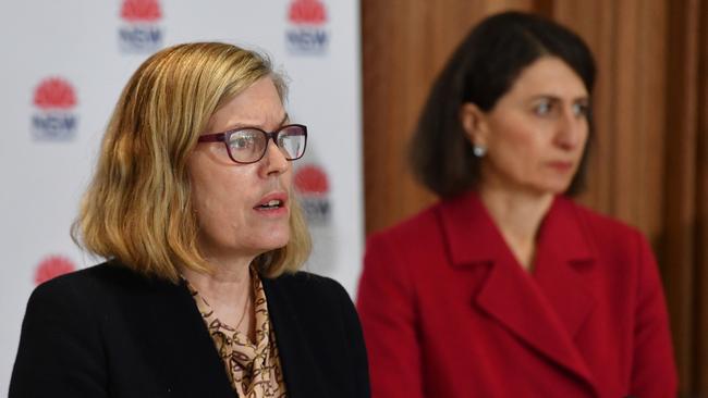 NSW Chief Health Officer Kerry Chant and Premier Gladys Berejiklian announce NSW’s Covid breakout is a national emergency on Friday. Picture: Getty Images
