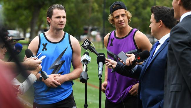 Patrick Dangerfield and Fremantle’s Nat Fyfe promoting AFLX. Picture: AAP