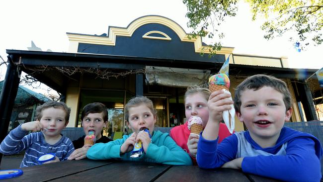 Eli Willis, Jobe Stevens, Sky Sargent and Cooper Willis enjoy Golden North ice creams in Laura, the little town that is home to the famous SA brand. Picture: BERNARD HUMPHREYS