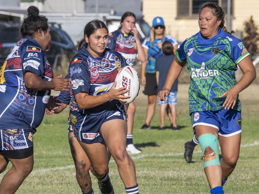 Leah Peckham for Emus. 2023 TRL Cultural Cup, Open Womens SW Qld Emus vs Pacific Nations Toowoomba. Saturday, February 25, 2023. Picture: Nev Madsen.