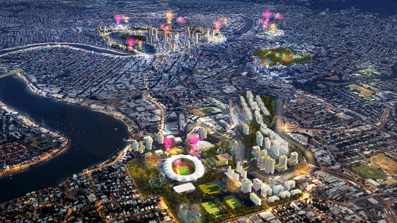 An artist's impression of how the 2032 Games will light up Brisbane.