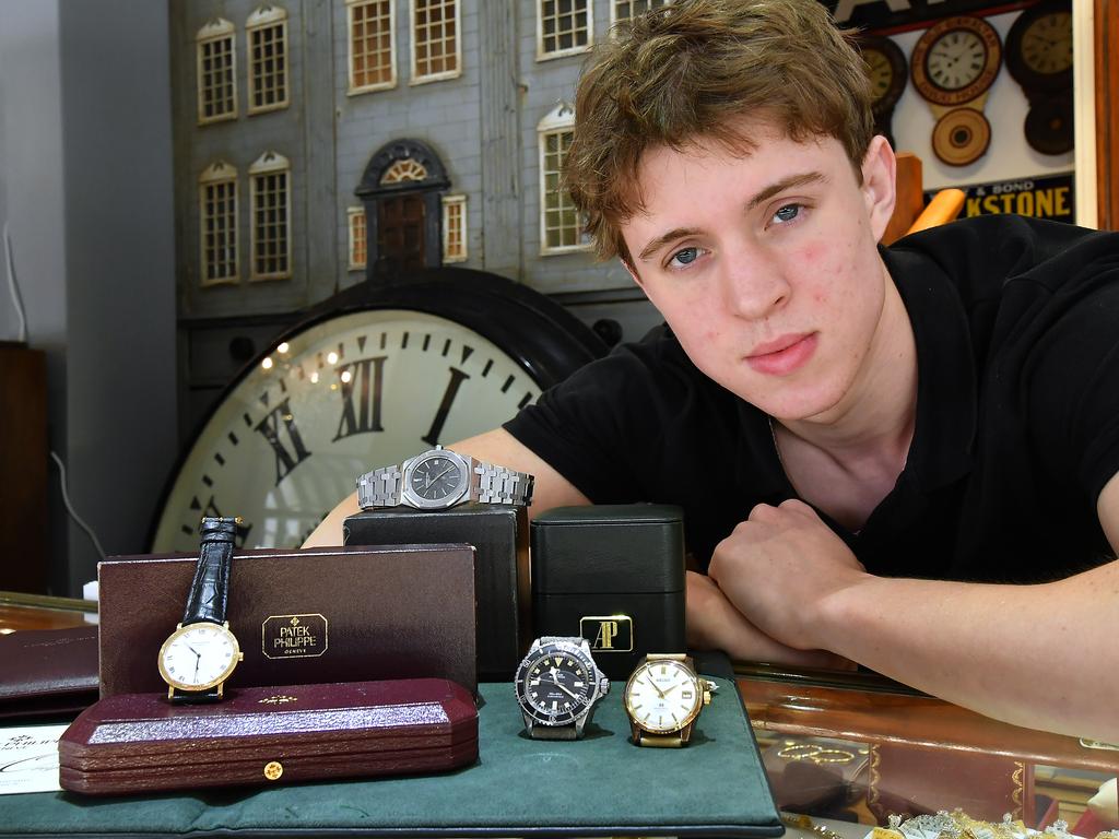 Joseph Hodges of Harrington and Co in Woolloongabba with some rare and collectable watches. Picture: John Gass