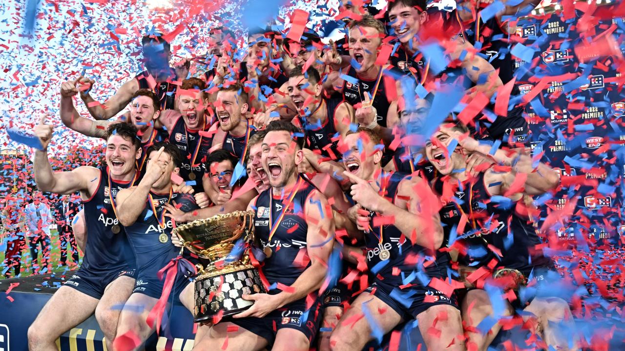 Norwood players celebrate after winning the 2022 SANFL Grand Final against North Adelaide at Adelaide Oval. Picture: Scott Starkey/SANFL