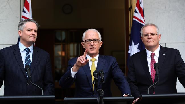 Friends, then foes ... Senator Mathias Cormann, former PM Malcolm Turnbull and his successor, Scott Morrison. Picture: Kym Smith