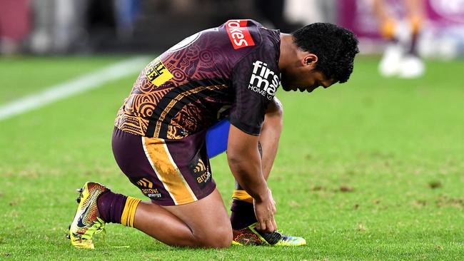 Anthony Milford of the Broncos looks dejected after his team loses the round 12 NRL match between the Brisbane Broncos and the Cronulla Sharks.