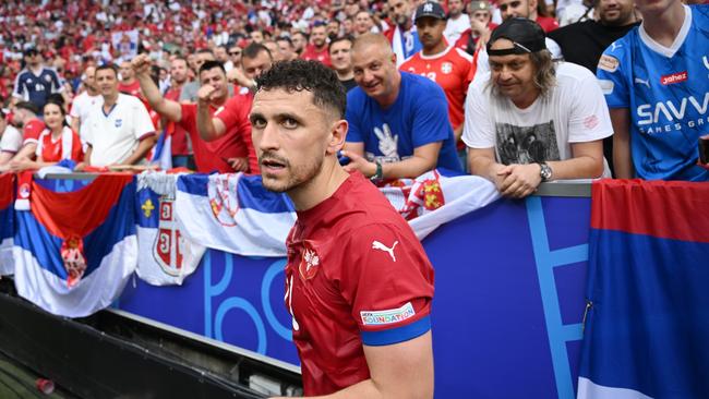 Milos Veljkovic of Serbia looks on after interacting with fans prior to the UEFA EURO 2024 group stage match between Slovenia and Serbia at Munich Football Arena on June 20, 2024 in Munich, Germany. (Photo by Clive Mason/Getty Images)