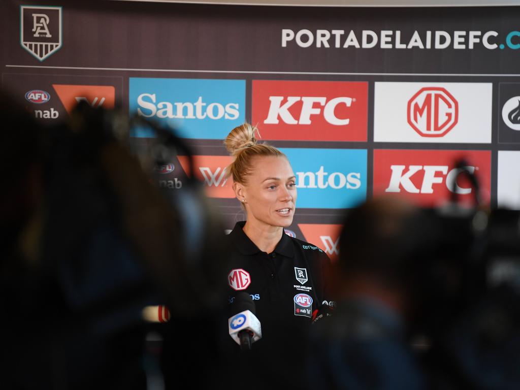 Erin Phillips speaks to media ahead of Port’s first training session. Picture Mark Brake