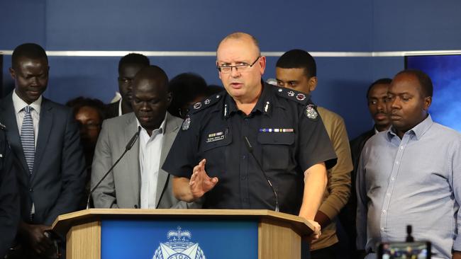 Chief Commissioner Graham Ashton and African community leaders coming together to tackle the African gang crime across Melbourne. Picture: Alex Coppel