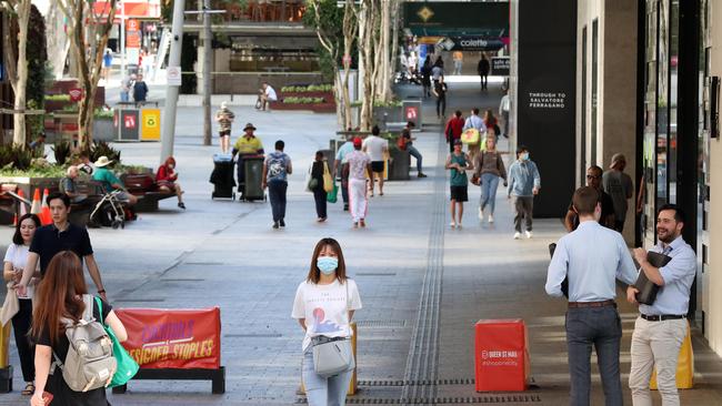 Social distancing in Brisbane CBD. Photographer: Liam Kidston