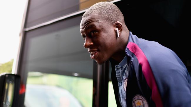 Benjamin Mendy of Manchester City arrives at Vicarage Road.