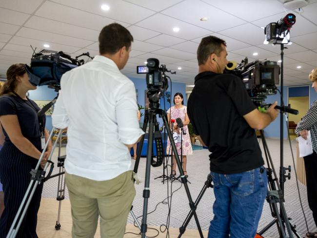 Health Minister Natasha Fyles speaking at a press conference which announced the funding of $43 million for the Territory mental health sector. Picture: Floss Adams.