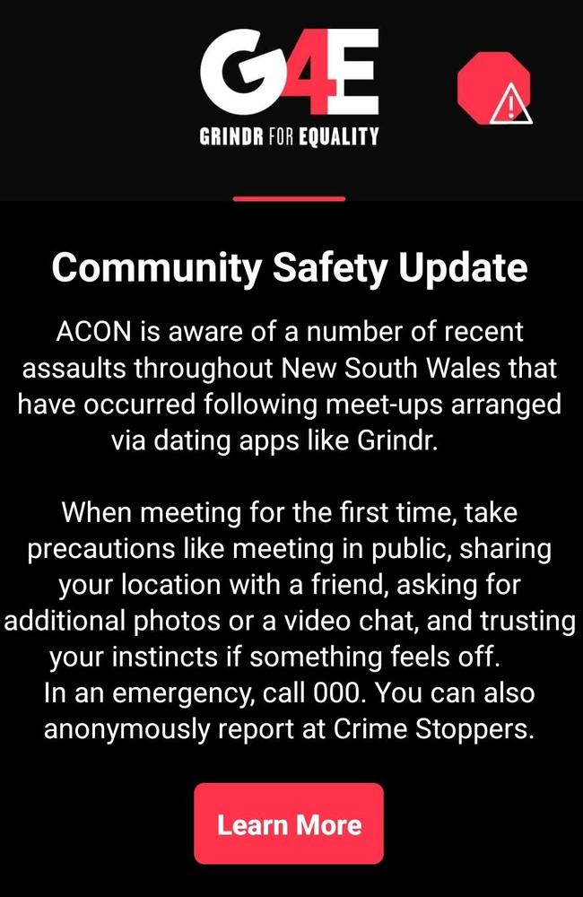 Warning that appeared on Grindr. Picture: Reddit