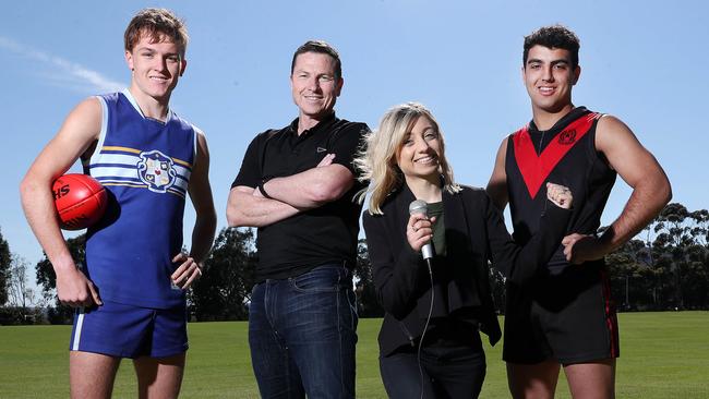 Sacred Heart’s Xavier Robins, Crows great Mark Bickley, football writer and co-commentator Daniela Abbracciavento and Rostrevor skipper Xavier Tranfa. Picture: Sarah Reed