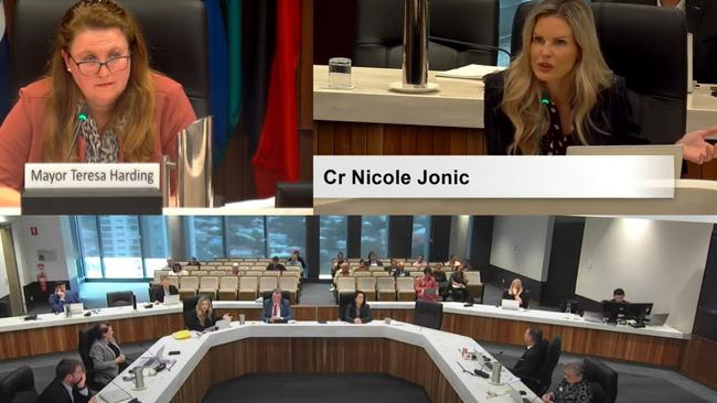 Cr Nicole Jonic confronts Mayor Teresa Harding about alleged secret document changes on June 30, during a council vote on de-naming the Paul Pisasale Bridge. Picture: Ipswich City Council TV/YouTube