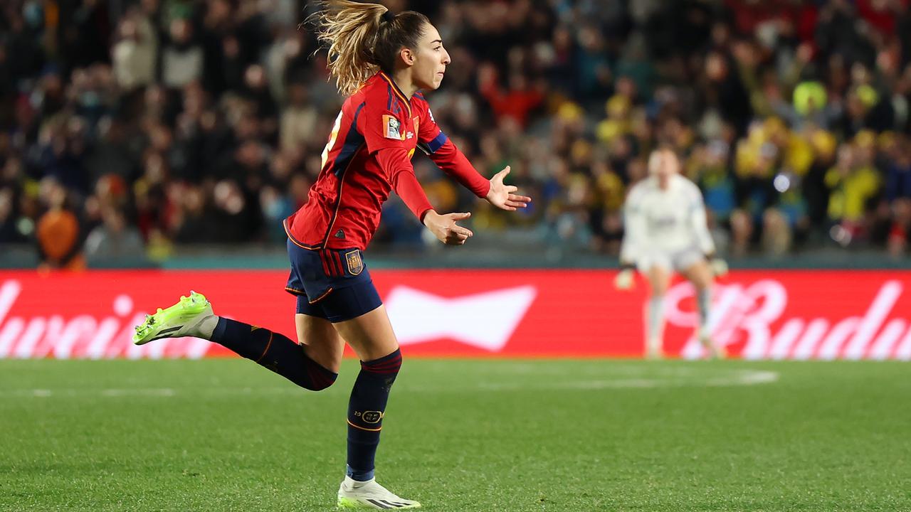 Olga Carmona celebrates after scoring her team's second goal against Sweden. (Photo by Phil Walter/Getty Images)