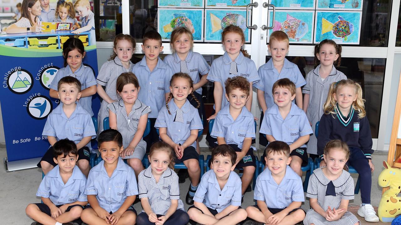 Clover Hill State School MFY photos. PREP F Back row (from left): Peyton, Elsie, Zac, Lyla, Esther, Riley, Harper Middle row (from left): Rory, Ruby, Sadie, Lennox, Xavier, Charlotte Front row (from left): Winston, Cruz, Sienna, Cooper, Kabel, Violet Picture: Richard Gosling