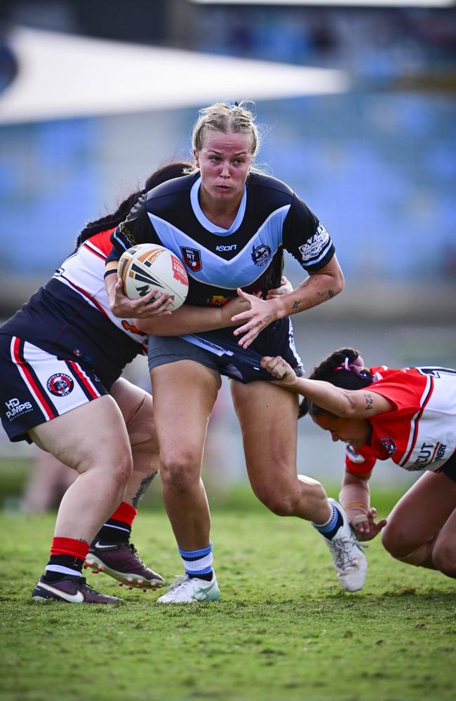 Jamie Clissold on the run for the Northern Sharks in the 2024 NRL NT season. Picture: Patch Clapp / NRL NT