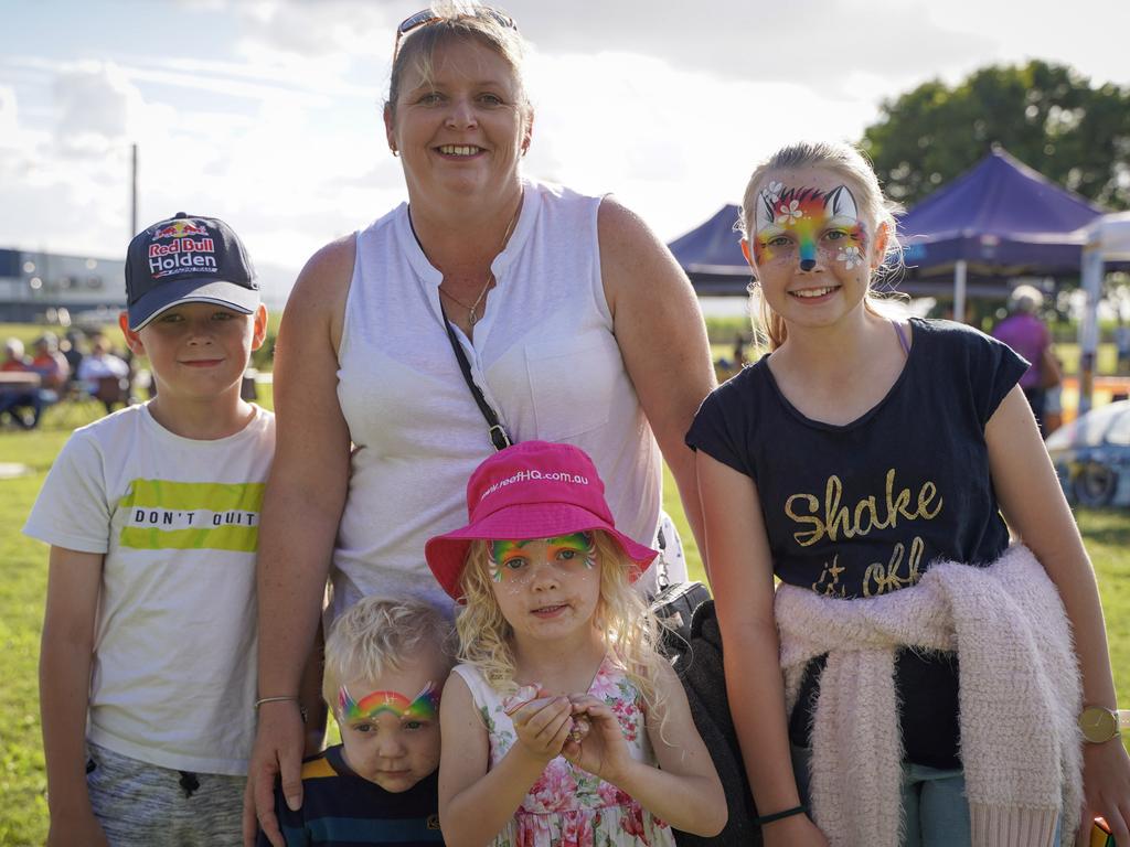 Kristy Johnson, of Blacks Beach, with son Hunter Johnson, 8, along with James Campbell, 2, Kaitlyn Campbell, 4 and Jorja Grov, 11, at the Calen Country Fair, Saturday, May 29, 2021. Picture: Heidi Petith