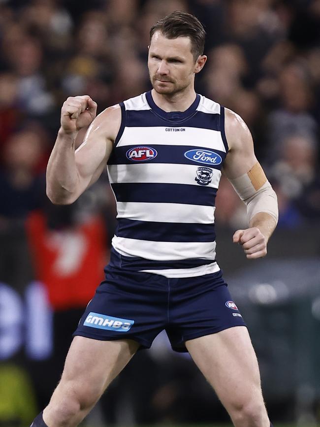 Patrick Dangerfield celebrates a goal during the preliminary final.