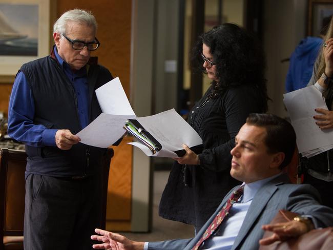 Martin Scorsese on the set of The Wolf of Wall Street with Leonardo DiCaprio.