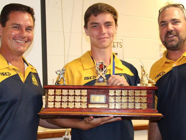 Gympie Junior Cricketer of the Year Winner Cooper Keogh is congratulated by Todd Keogh and Alastair Lewis.