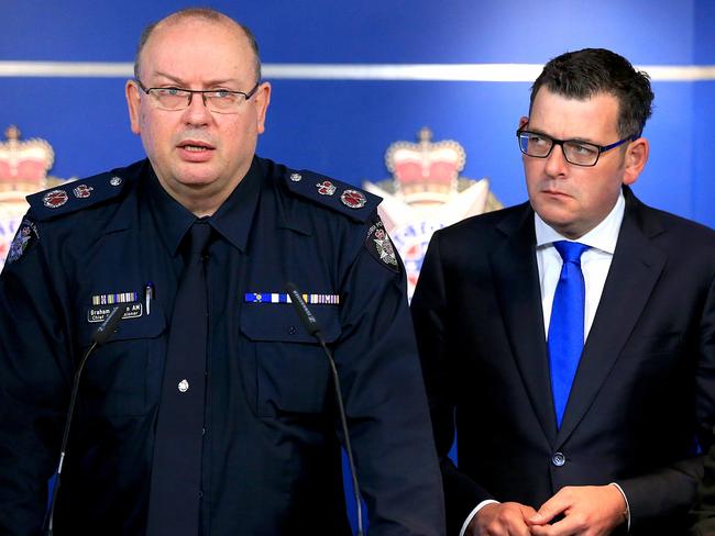 Joint Victoria Police press conference with Chief Commissioner Graham Ashton, AFP Commander Brian McDonald, Premier Daniel Andrews and Lisa Neville, Police Minister. Picture: Mark Stewart