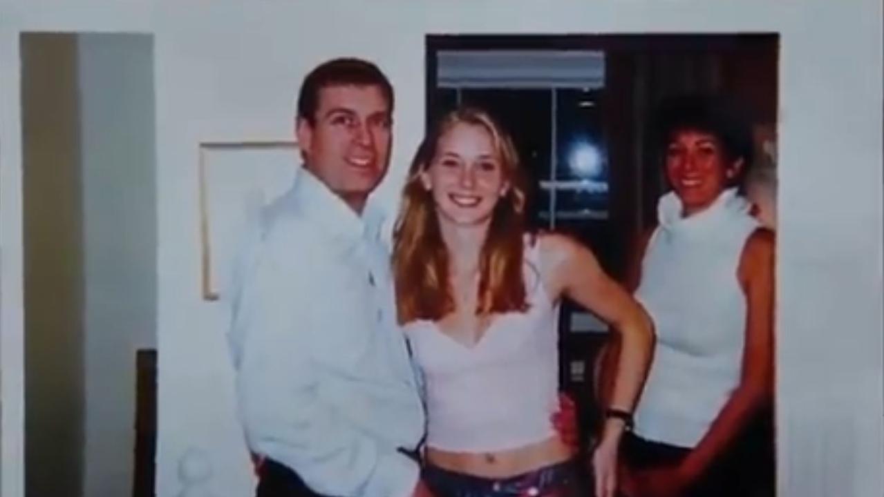 Prince Andrew, Virginia Roberts Giuffre and Ghislaine Maxwell are pictured together inside the London Mews home of Ghislaine Maxwell (right). Picture: Screengrab / Channel 9 / 60 Minutes