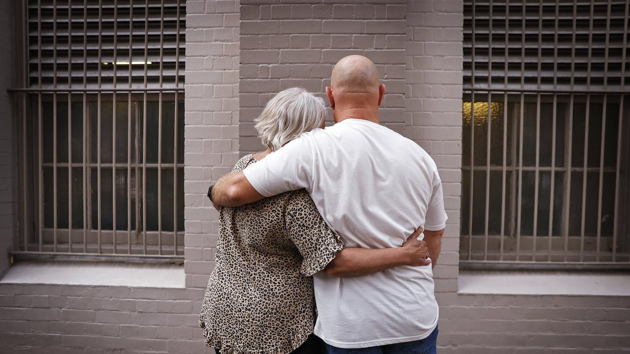 Officer A pictured with his wife in Sydney after being cleared of murder charges brought against him after he shot an escapee while working as a corrections officer. Picture: Sam Ruttyn