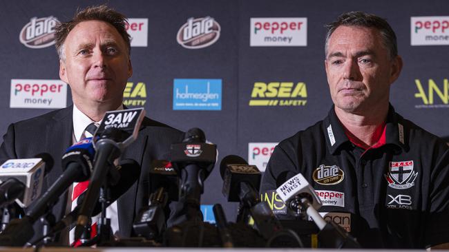 St Kilda chief executive Matt Finnis and now ex-coach Alan Richardson appeared together at the announcement the latter would part ways with the club. Picture: AAP