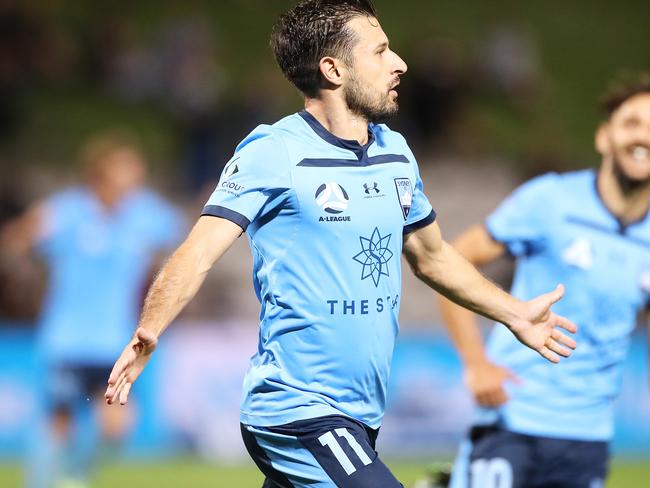 SYDNEY, AUSTRALIA - FEBRUARY 08: Kosta Barbarouses of Sydney FC celebrates scoring a goal during the A-League match between Sydney FC and the Wellington Phoenix at Netstrata Jubilee Stadium, on February 08, 2021, in Sydney, Australia. (Photo by Mark Kolbe/Getty Images)